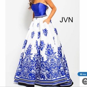 Jovani JVN58592 White & Blue Print Satin Ball Gown